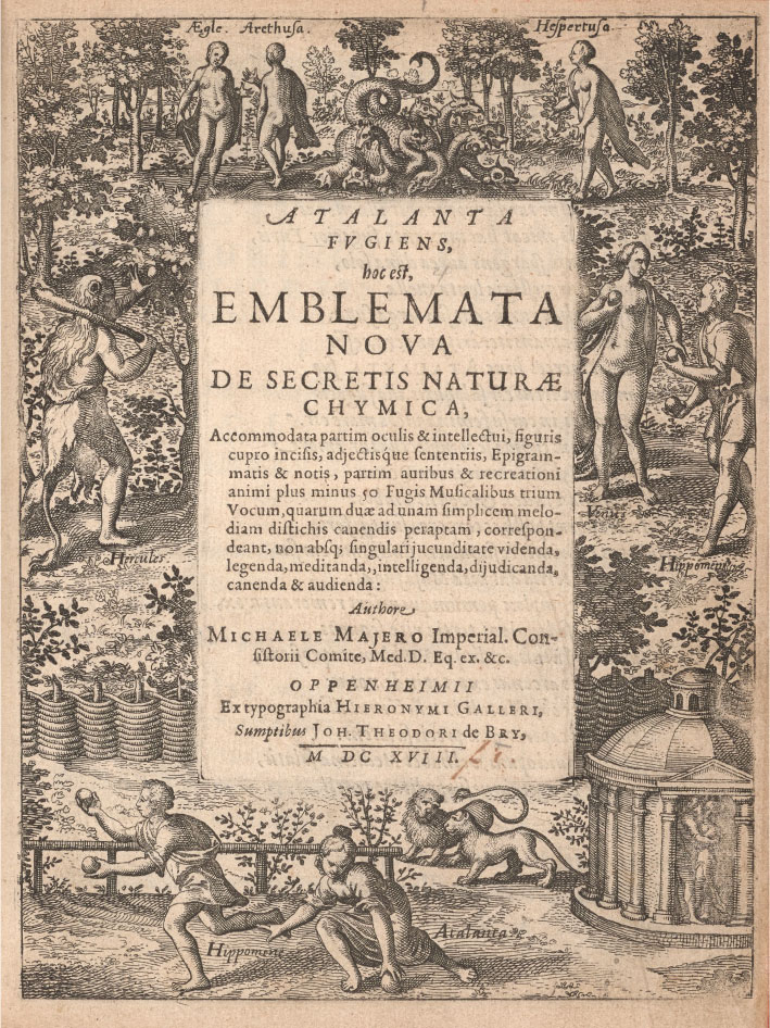 The frontispiece, or first illustrated page, of Atalanta fugiens that contains a short introductory text surrounded by multiple scenes from the myth of Atalanta and Hippomenes. These include the Garden of the Hesperides, which includes Aegle, Arethusa, a many-headed dragon, understood as Ladon, and Hespertusa; Hercules stealing apples; Venus giving apples to Hippomenes; the race between Hippomenes and Atalanta; the consummation of their love; and their transformation into lions.